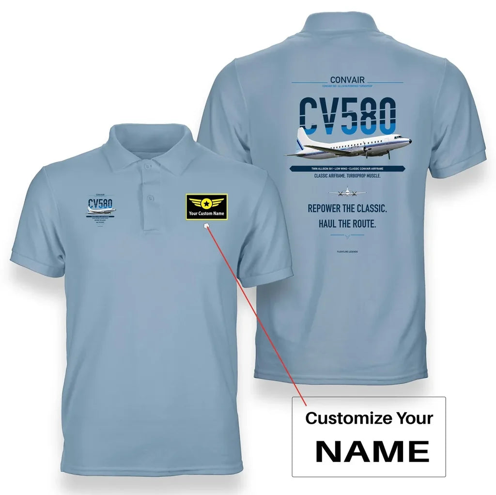 Convair 580 design on light blue polo with custom name badge