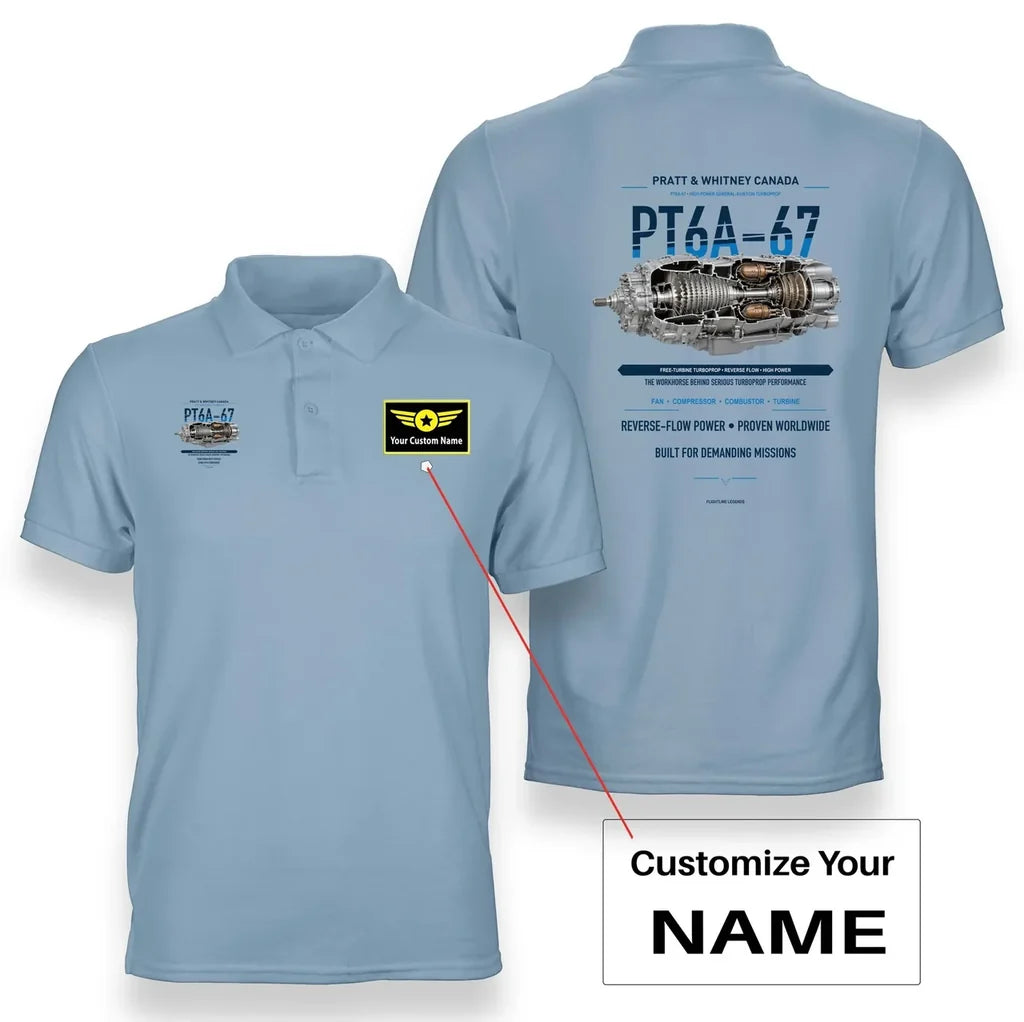 PT6A-67 design on light blue polo with custom name badge