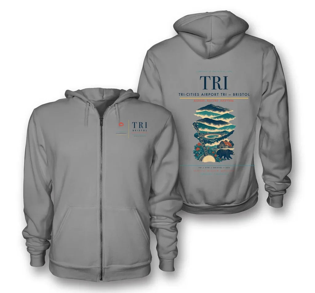 Bristol Airport (TRI) design on gray premium zipped hoodie
