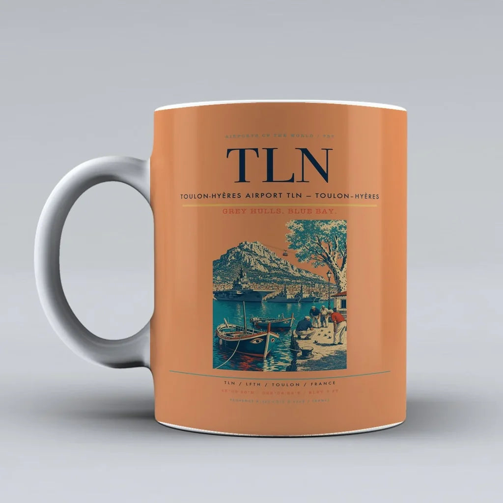 Toulon-Hyères Airport (TLN) airport code design on orange ceramic mug