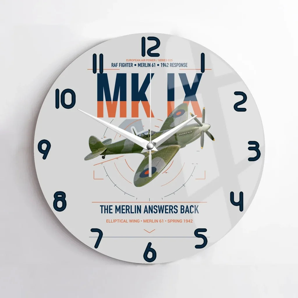 Supermarine Spitfire Mk IX design on light gray no frame wall clock