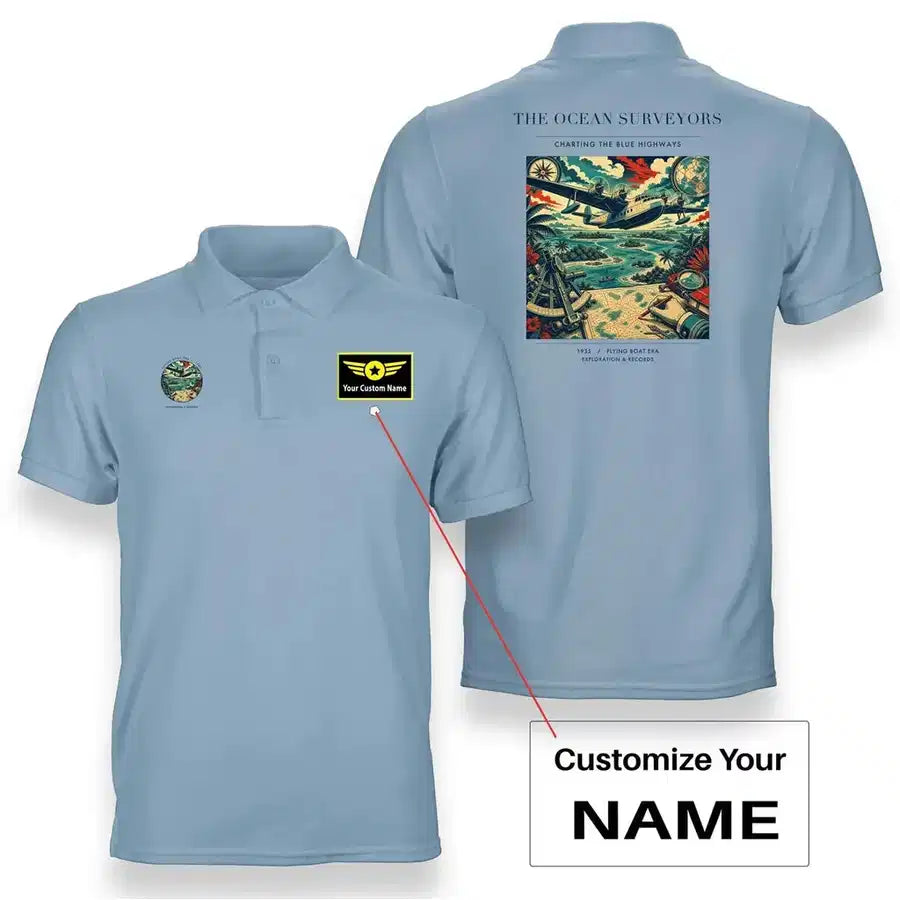 VINTAGE G4064 - The Ocean Surveyors - Double-Side Polo T-Shirt design on lightblue+name