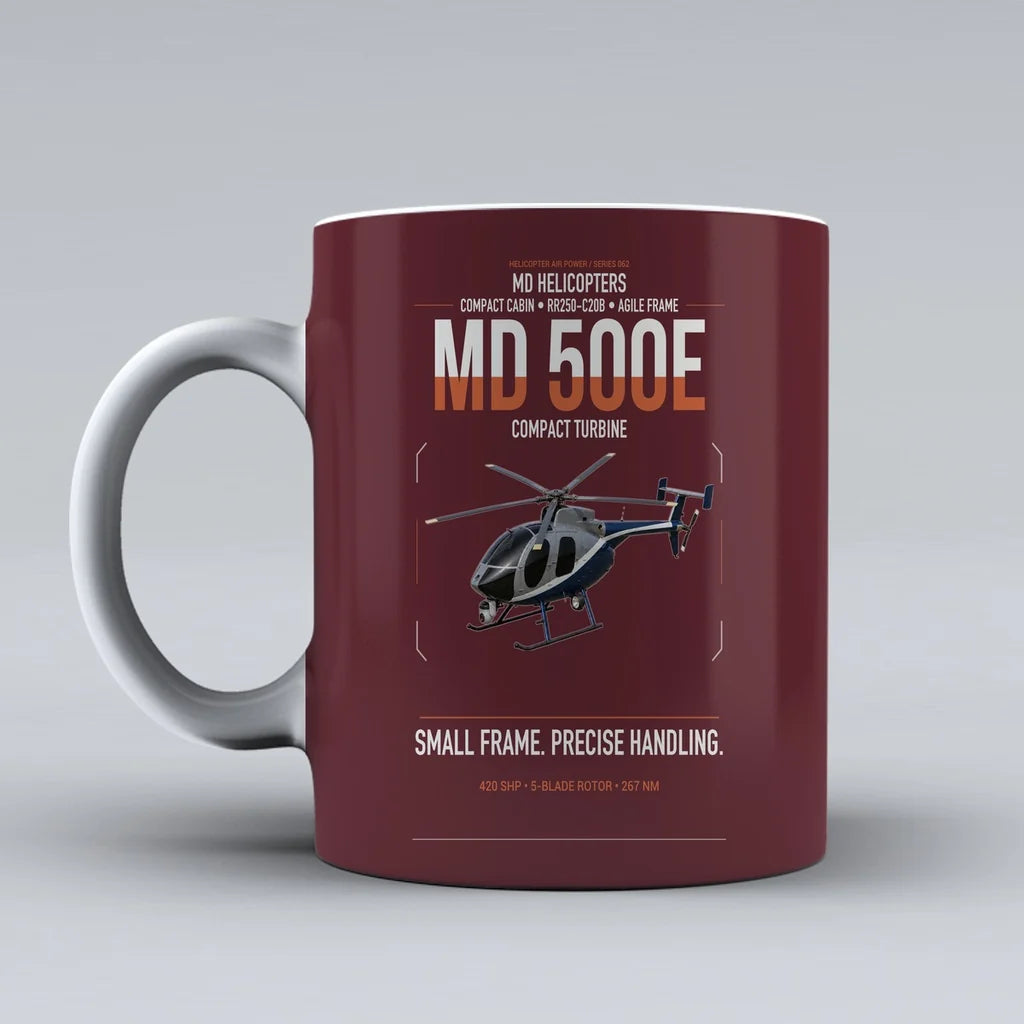 MD Helicopters MD 500E design on dark red ceramic mug, double-side print