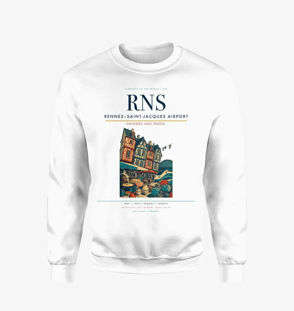 Rennes–Saint-Jacques Airport (RNS) design on white sweatshirt