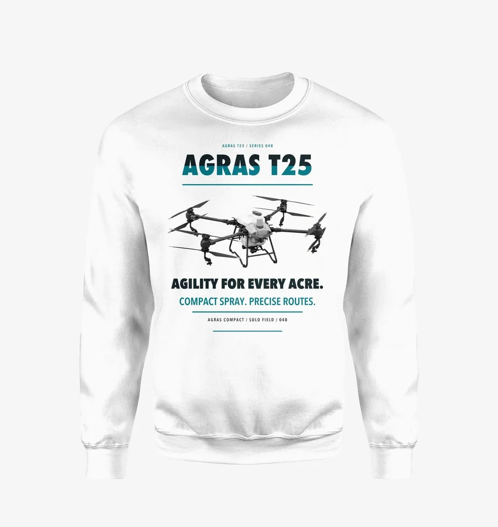 DJI Agras T25 design on white sweatshirt