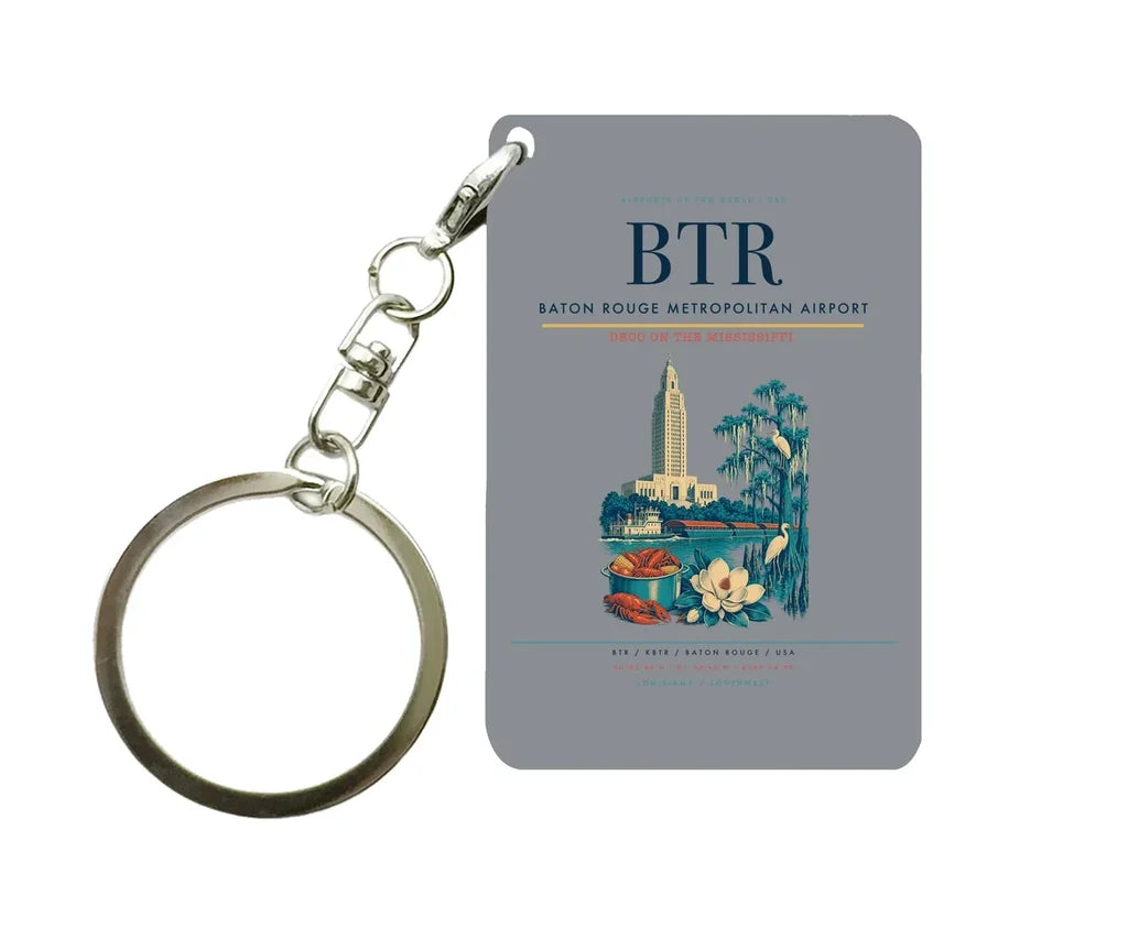 Baton Rouge Metropolitan Airport (BTR) design on gray key chain