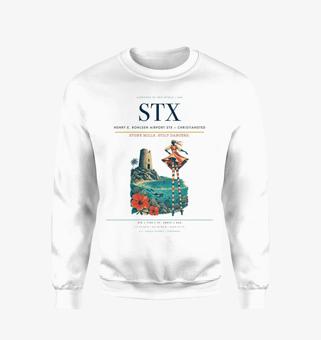 Henry E. Rohlsen Airport (STX) design on white sweatshirt