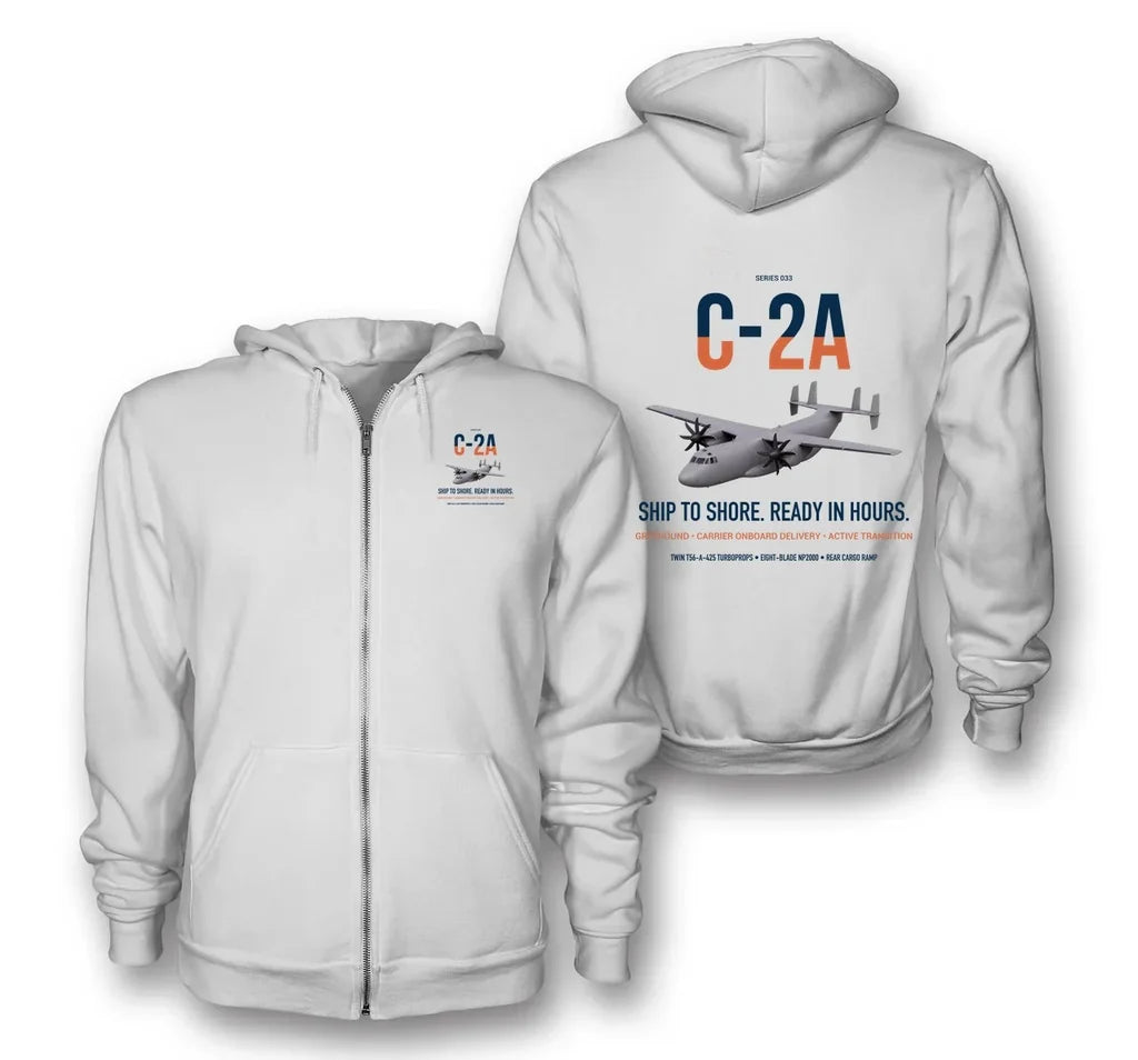 C-2A Greyhound design on white premium zipped hoodie, double-side print