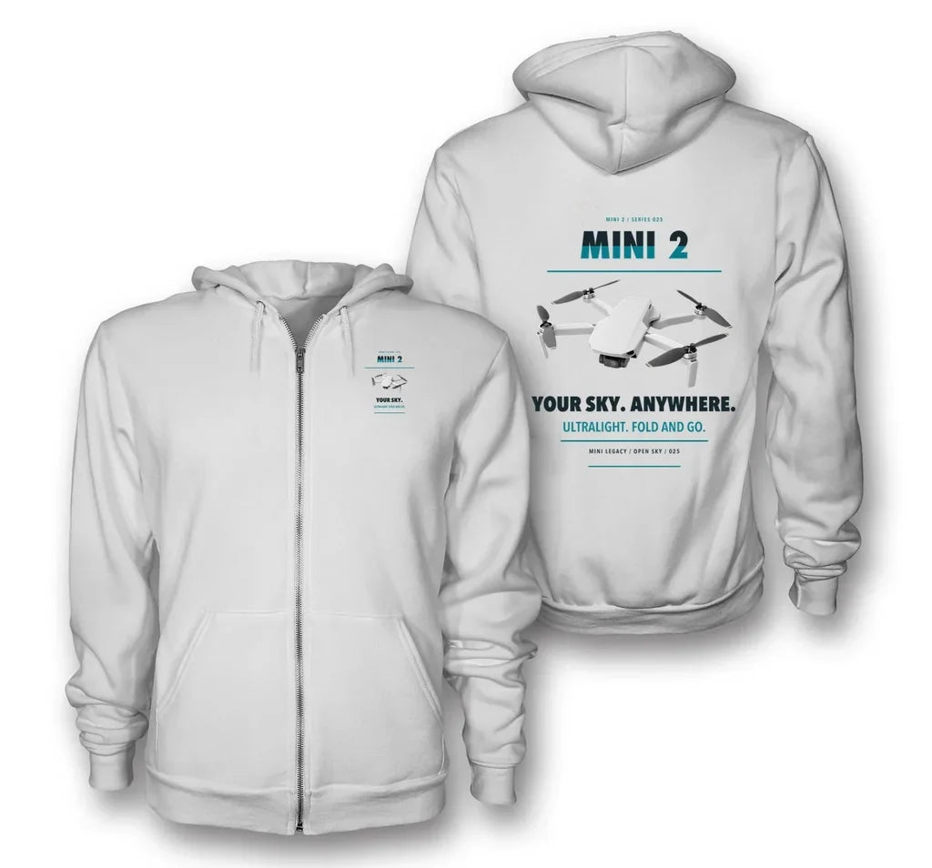 DJI Mini 2 design on white zipped hoodie