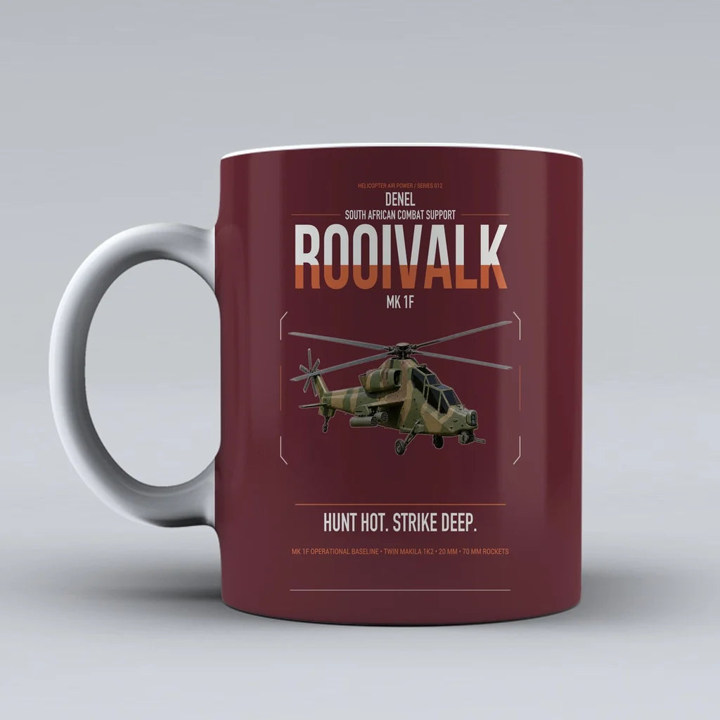 Denel Rooivalk Mk 1F design on dark red ceramic mug, double-side print