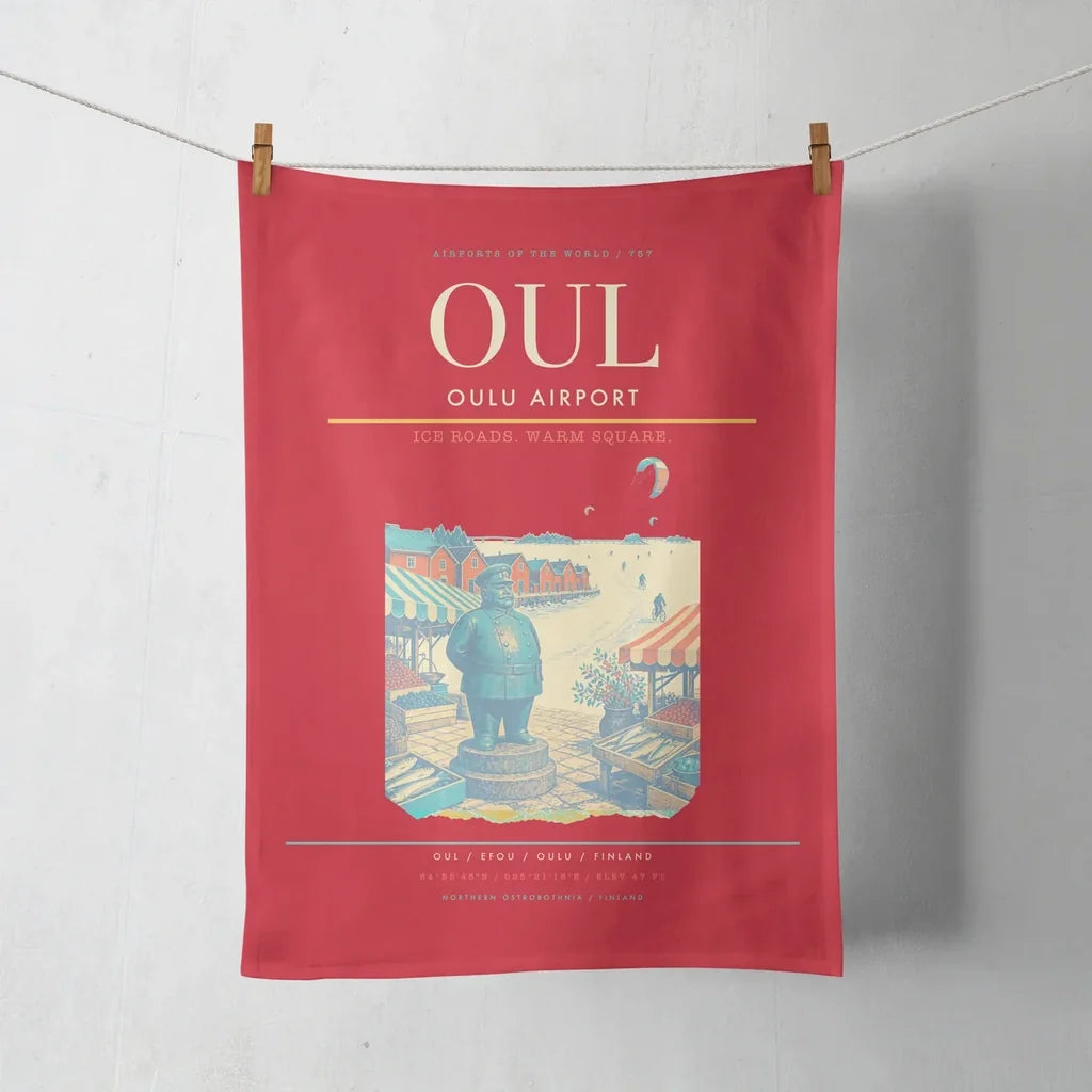 Oulu Airport (OUL) design on red towel