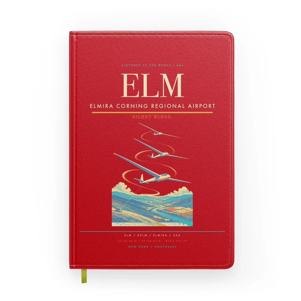 Elmira Corning Regional Airport (ELM) design on red notebook