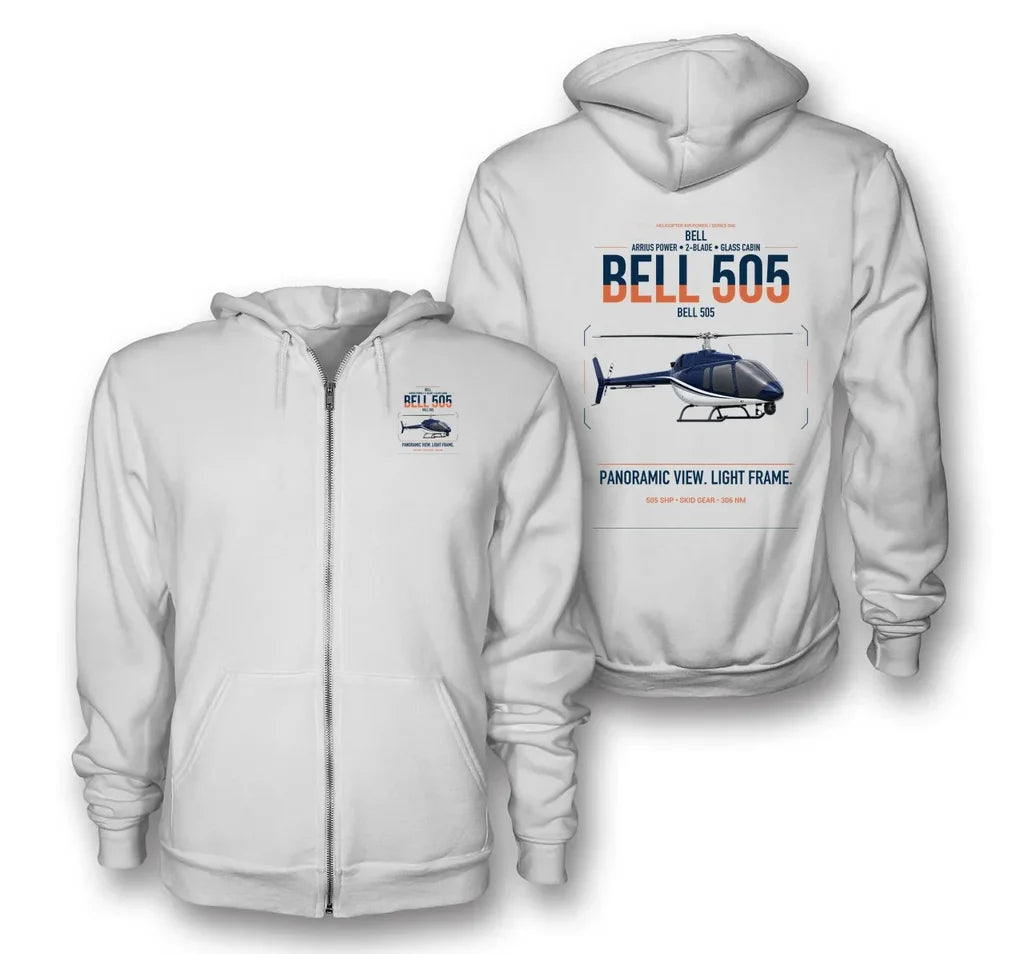 Bell 505 design on white premium zipped hoodie, double-side print