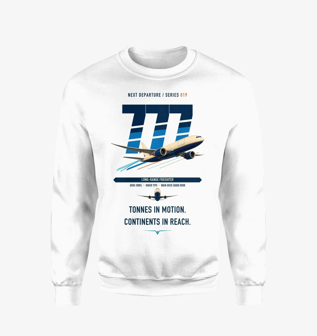 Boeing 777F design on white sweatshirt