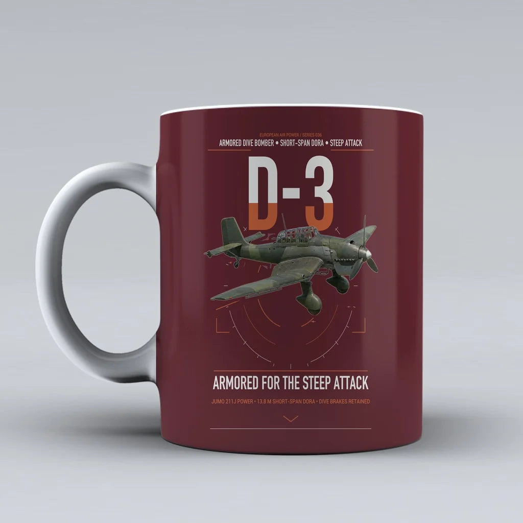 Junkers Ju 87D-3 design on dark red ceramic mug, double-side print