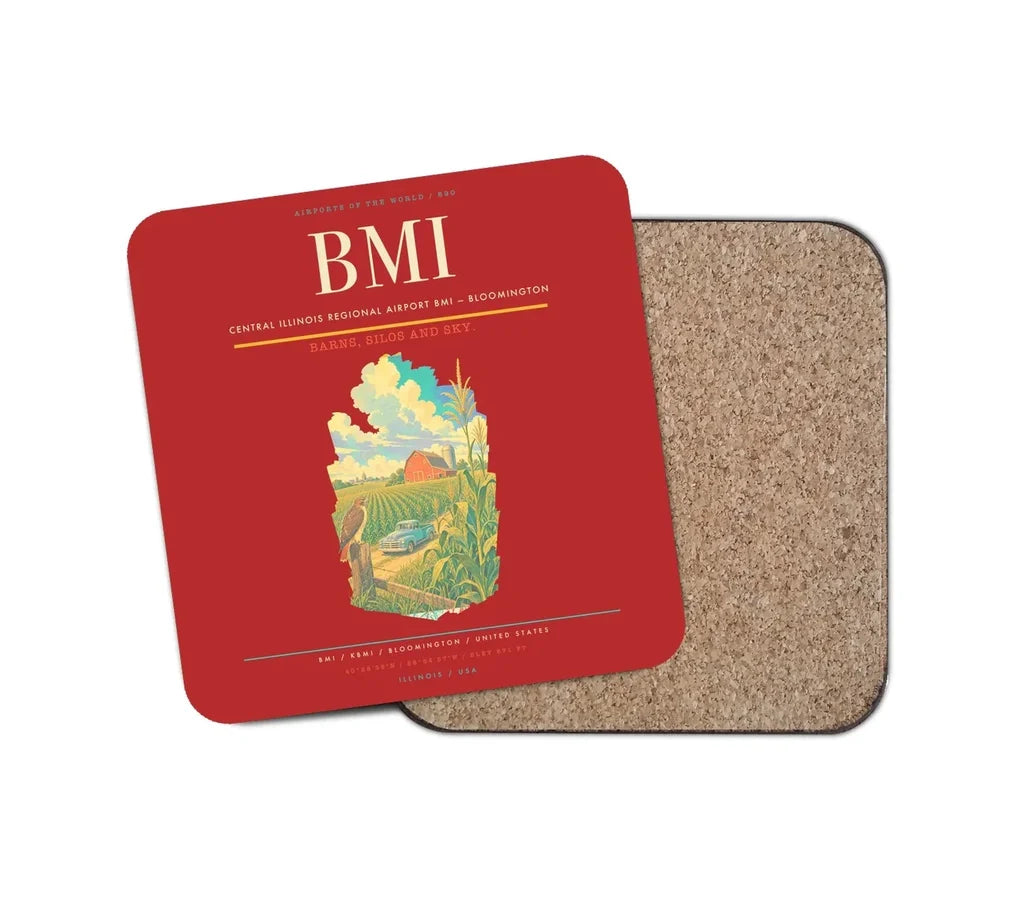 Central Illinois Regional Airport (BMI) design on red 1 piece coaster