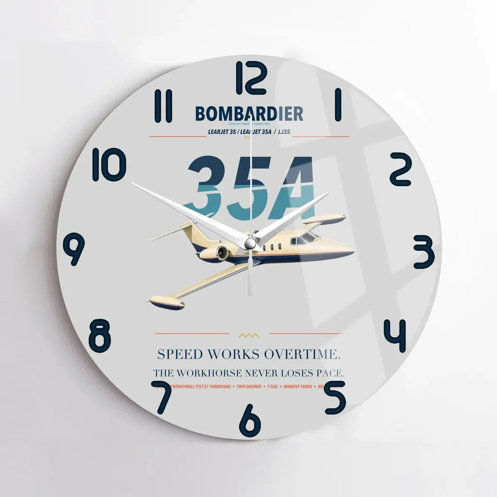 Bombardier Learjet 35A design on light gray no frame wall clock