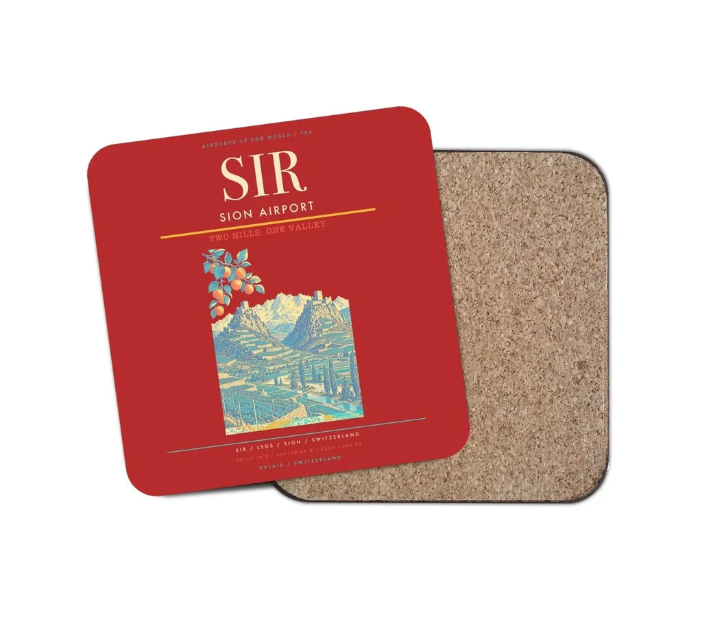 Sion Airport (SIR) design on red 1 piece coaster
