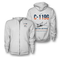 Thumbnail for C-119G Flying Boxcar design on white premium zipped hoodie, double-side print