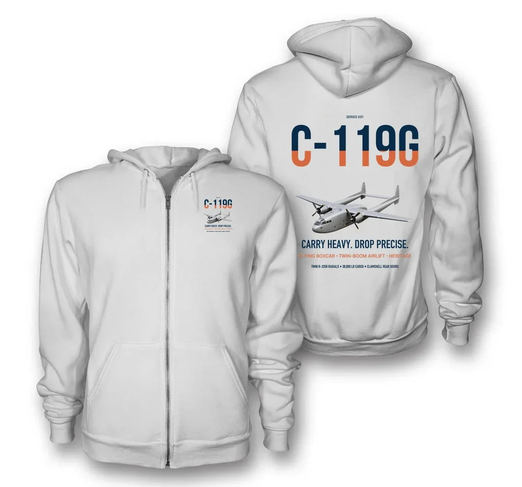 C-119G Flying Boxcar design on white premium zipped hoodie, double-side print