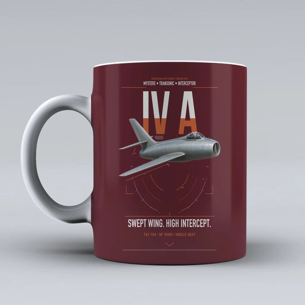 Dassault Mystère IV A design on dark red ceramic mug, double-side print