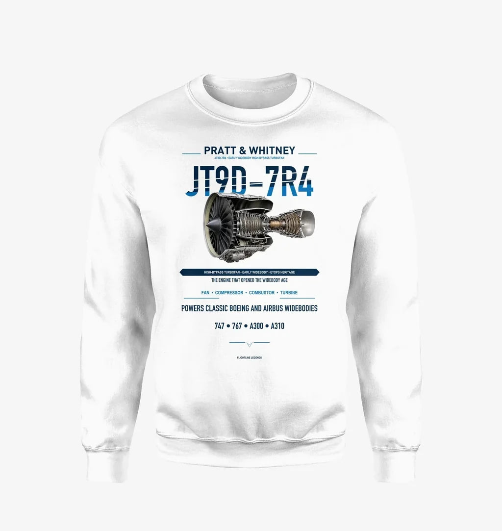 JT9D-7R4 design on white sweatshirt