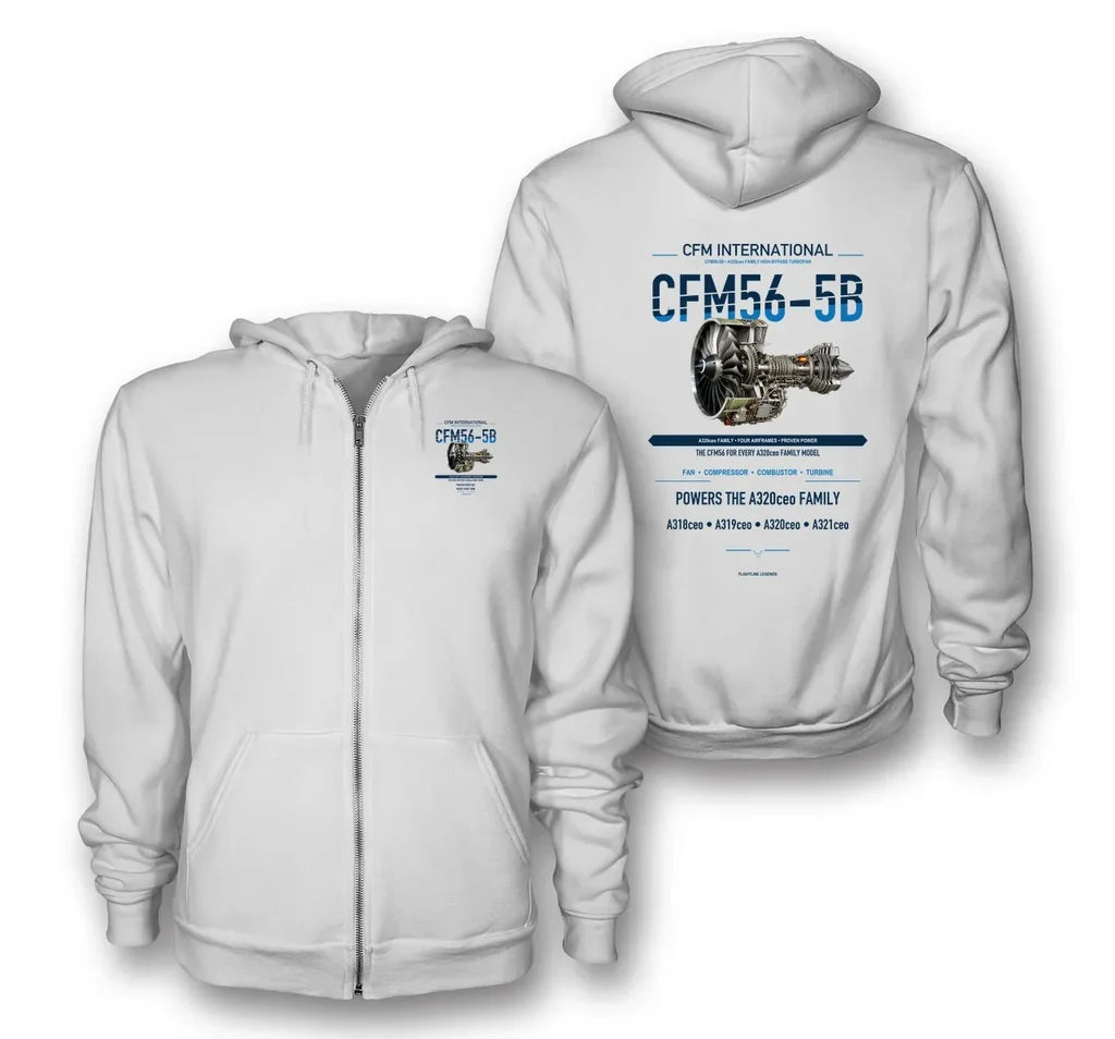 CFM56-5B design on white zipped hoodie