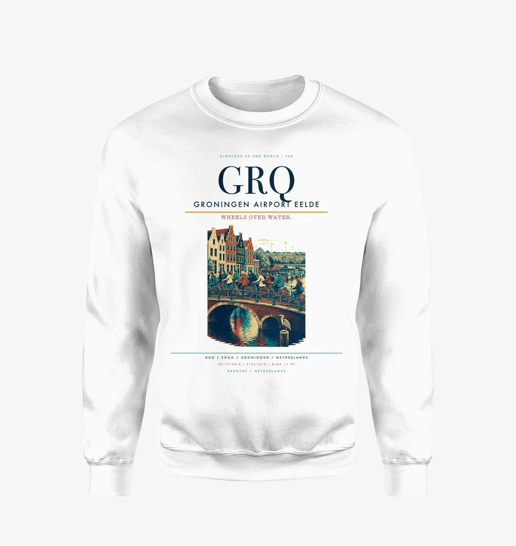 Groningen Airport Eelde (GRQ) design on white sweatshirt