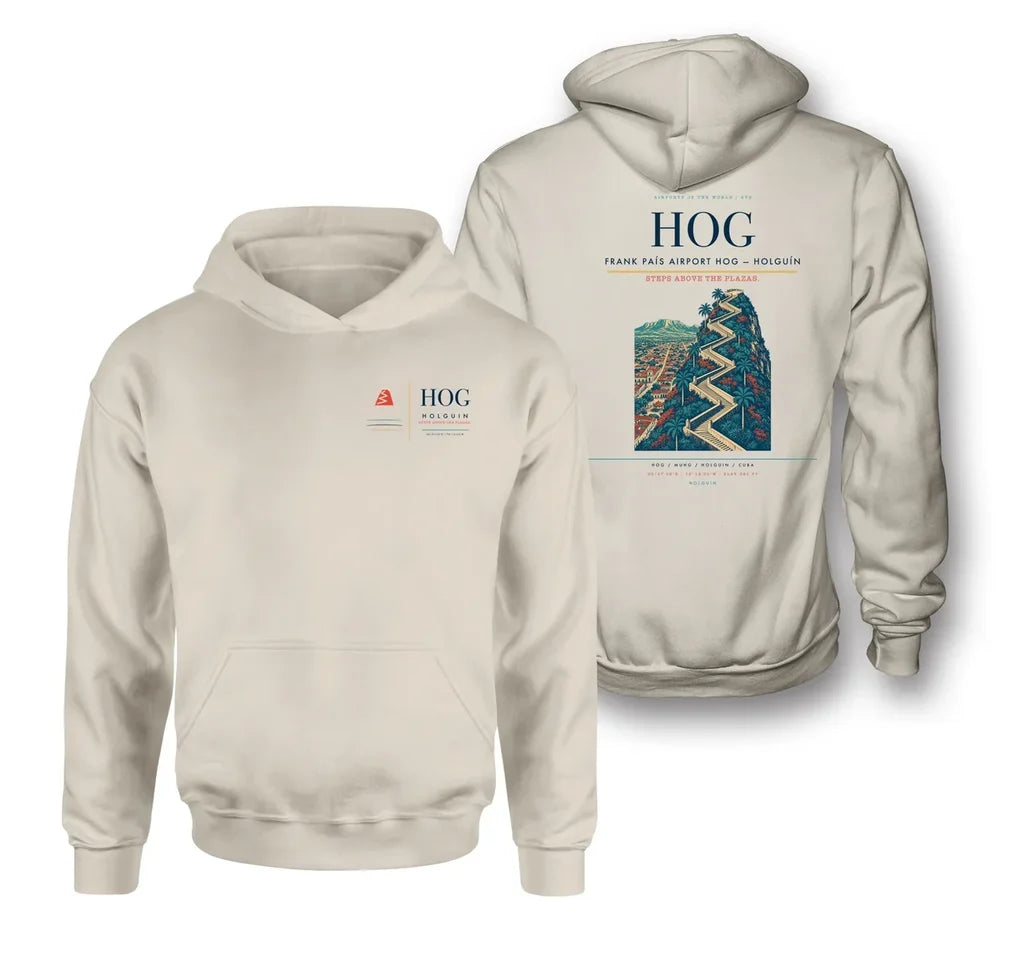 Frank País Airport (HOG) design on khaki double-side hoodie