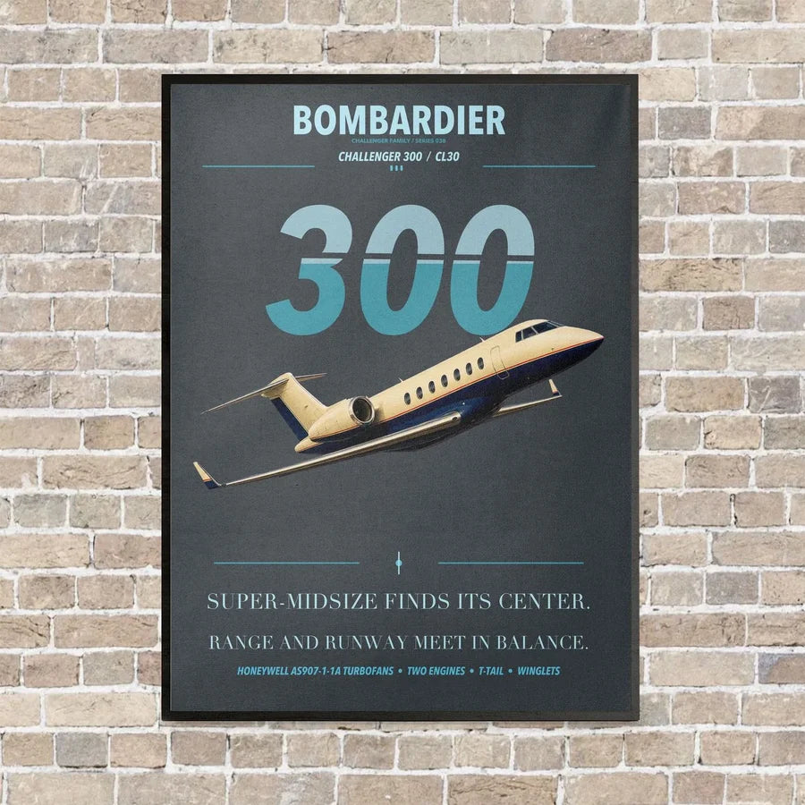 Bombardier Challenger 300 vertical canvas print - framed - gray background