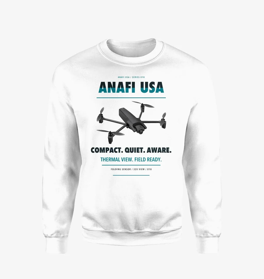 Parrot ANAFI USA design on white sweatshirt