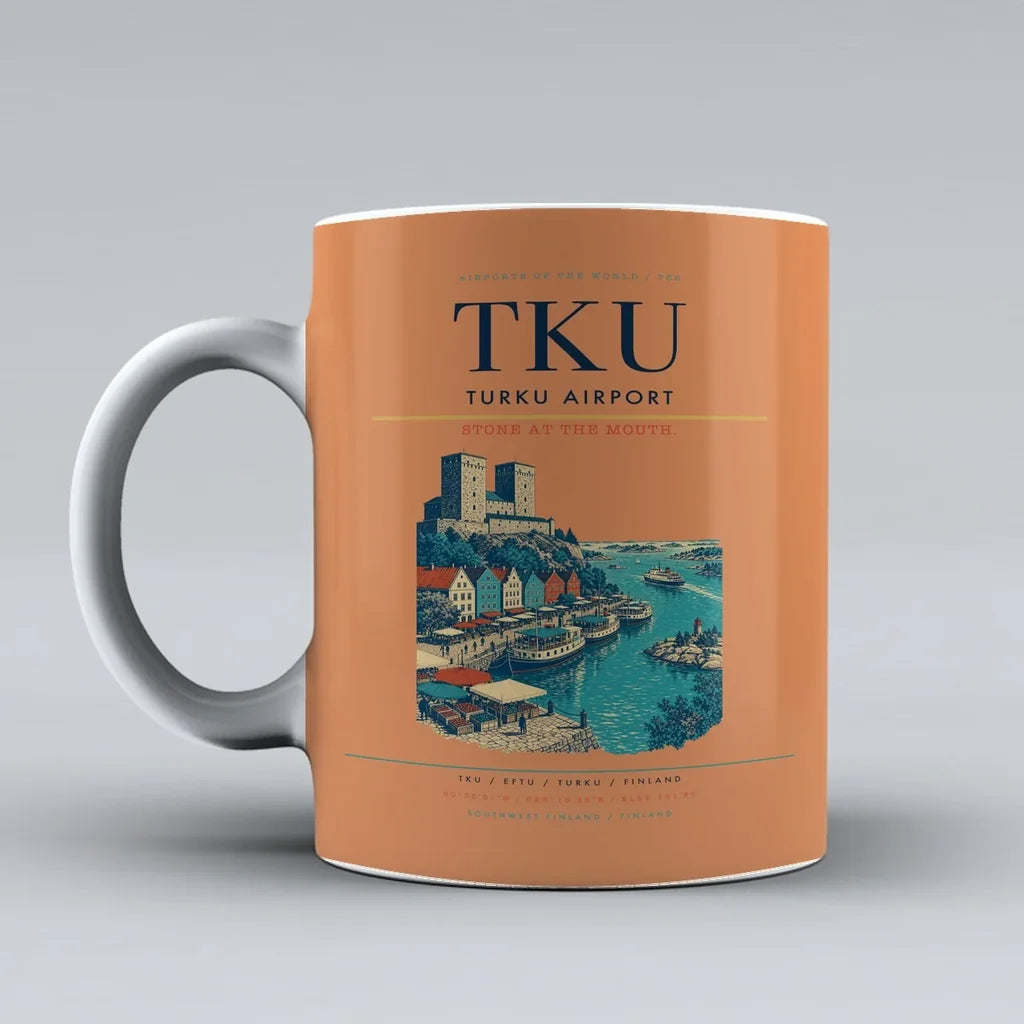 Turku Airport (TKU) airport code design on orange ceramic mug