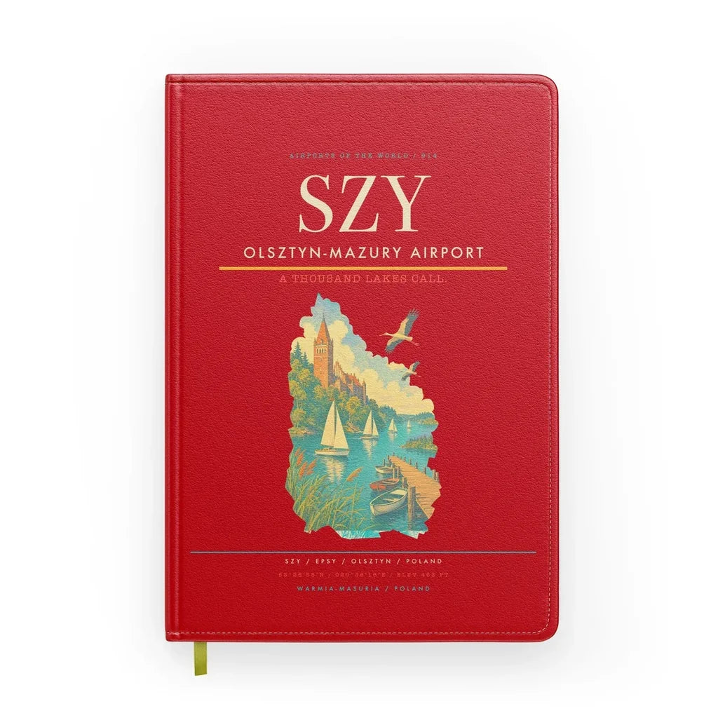 Olsztyn-Mazury Airport (SZY) design on red notebook
