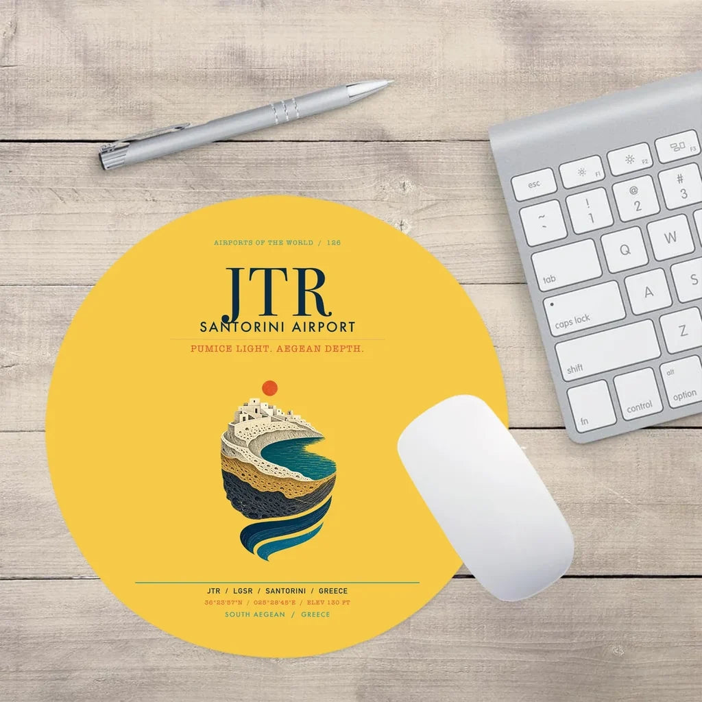 Santorini Airport (JTR) design on yellow round mouse pad