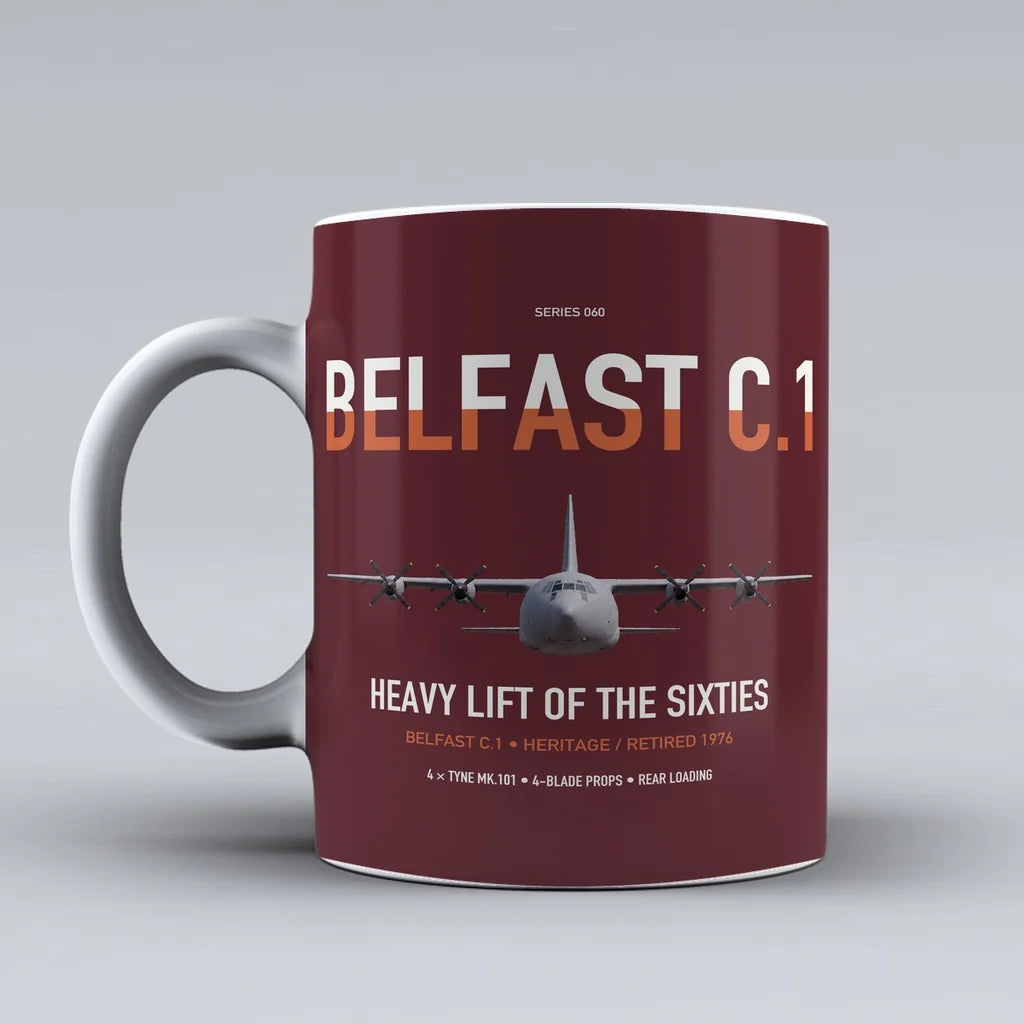 Short Belfast C.1 design on dark red ceramic mug, double-side print