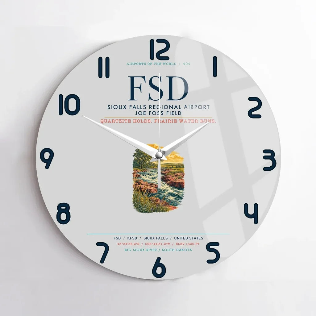 Sioux Falls Regional Airport Joe Foss Field (FSD) design on light gray no frame wall clock