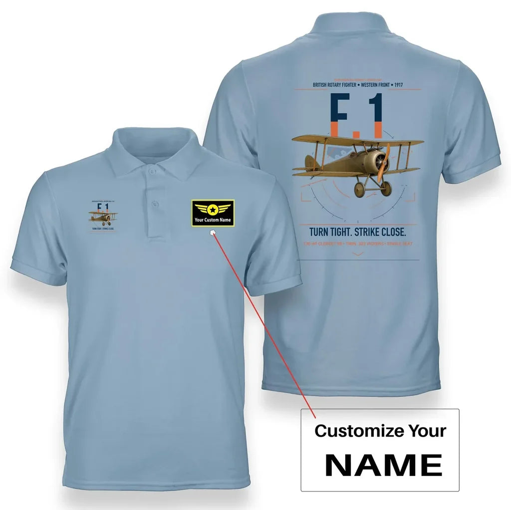 Sopwith Camel F.1 design on light blue+name double-side polo t-shirt, double-side print