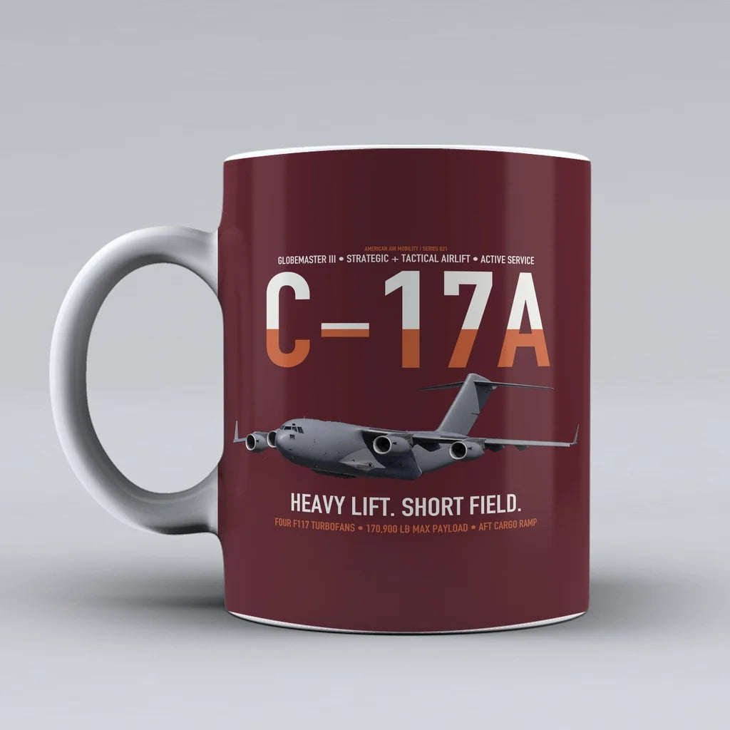 C-17A Globemaster III design on dark red ceramic mug, double-side print