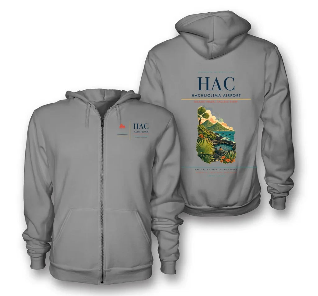 Hachijojima Airport (HAC) design on gray premium zipped hoodie