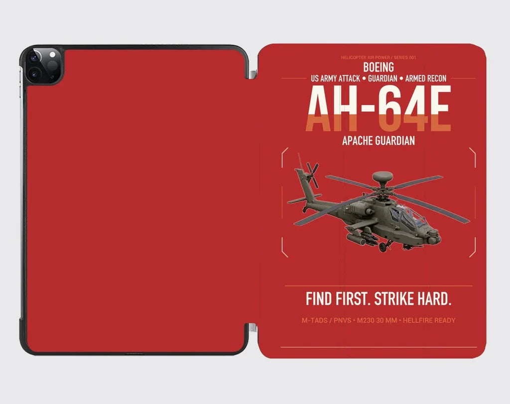 Boeing AH-64E Apache Guardian design on red ipad tablet case