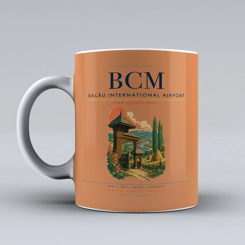 Bacău International Airport (BCM) airport code design on orange ceramic mug