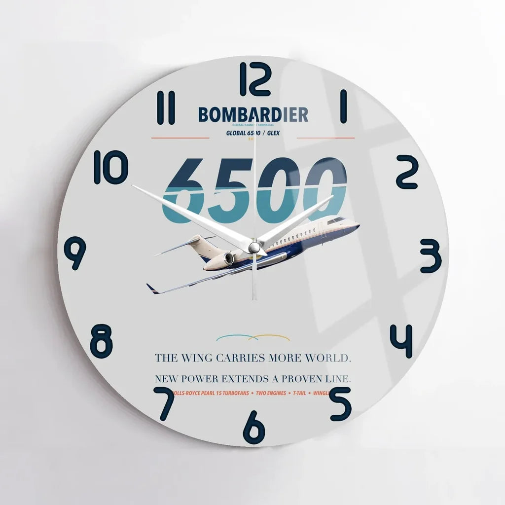 Bombardier Global 6500 design on light gray no frame wall clock