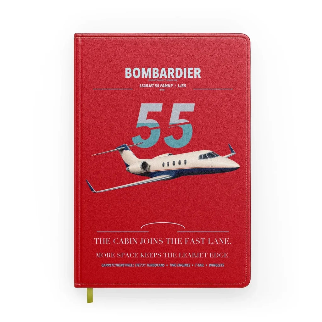 Bombardier Learjet 55 design on red notebook