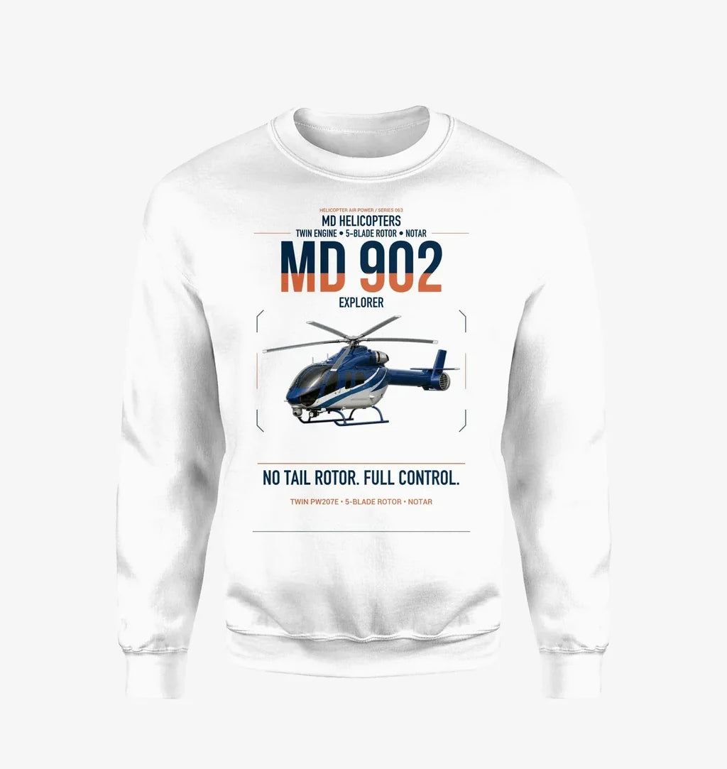 MD Helicopters MD 902 Explorer design on white sweatshirt