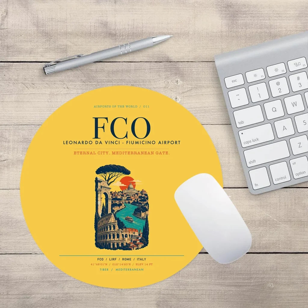 Rome Leonardo da Vinci Fiumicino Airport (FCO) design on yellow round mouse pad