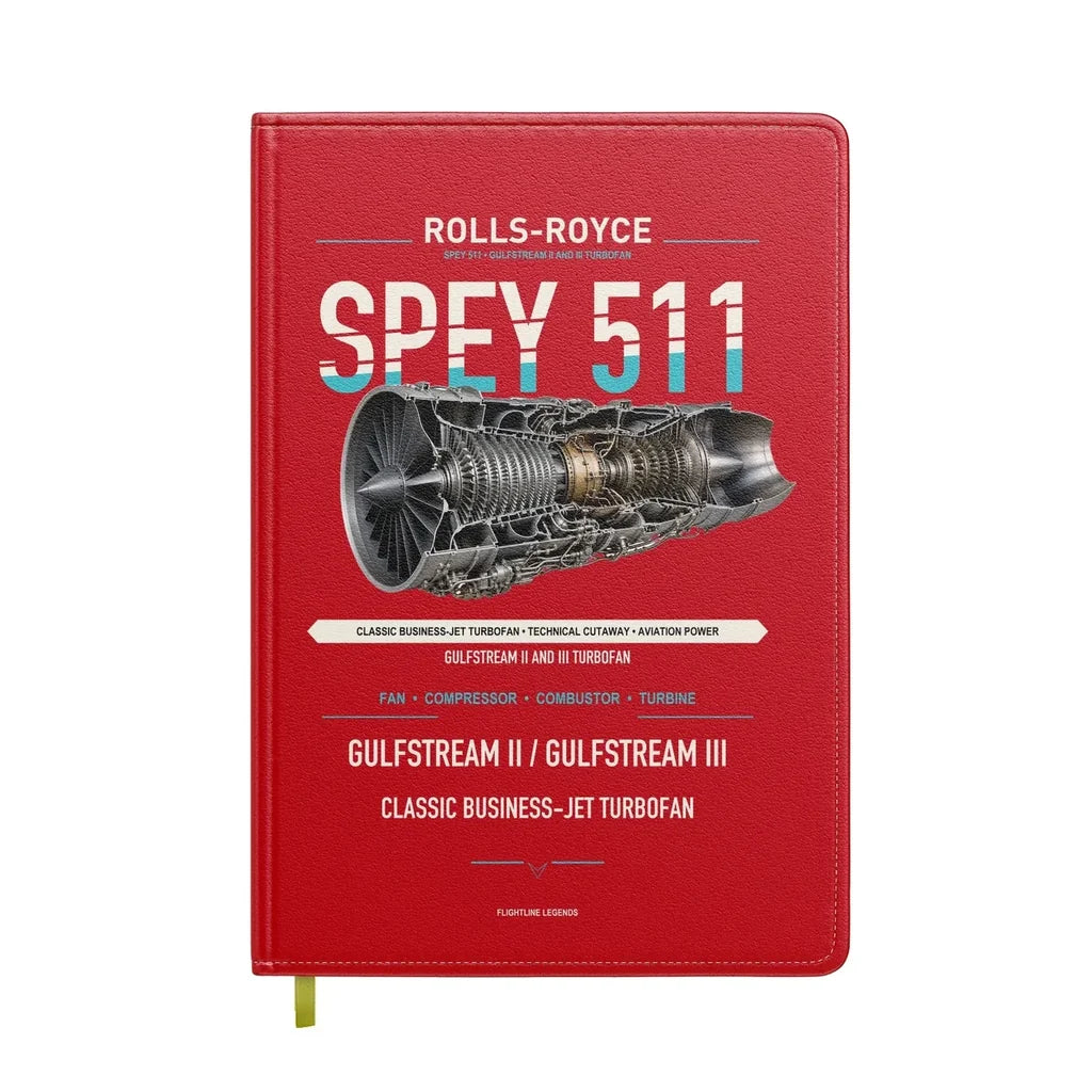 SPEY 511 design on red notebook