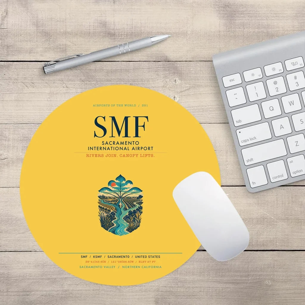 Sacramento International Airport (SMF) design on yellow round mouse pad