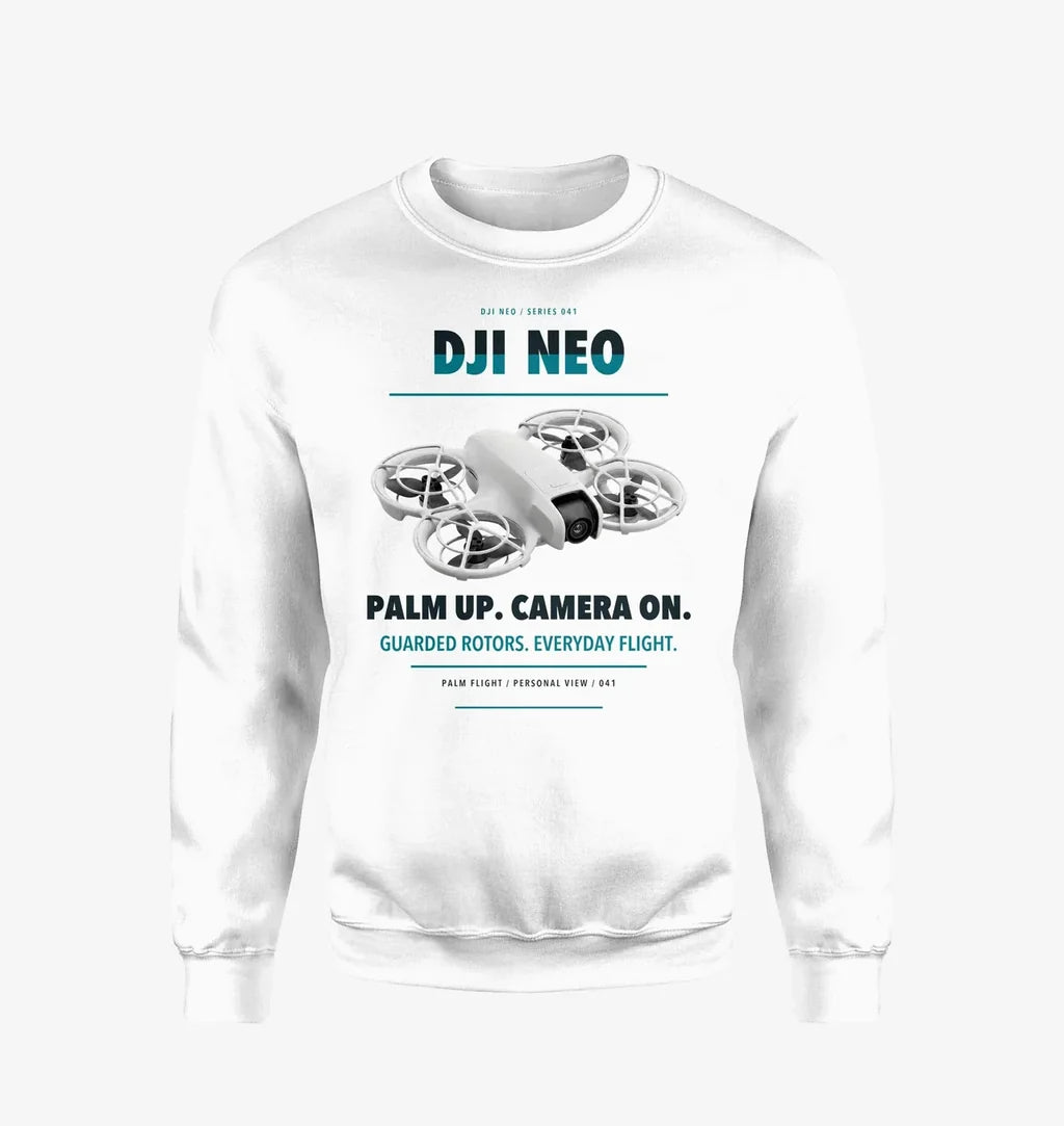 DJI Neo design on white sweatshirt