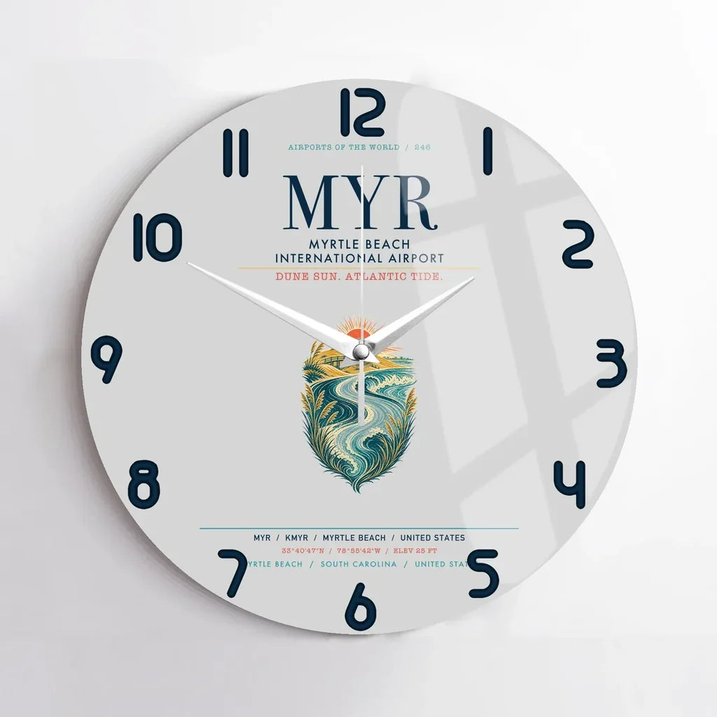Myrtle Beach International Airport (MYR) design on light gray no frame wall clock