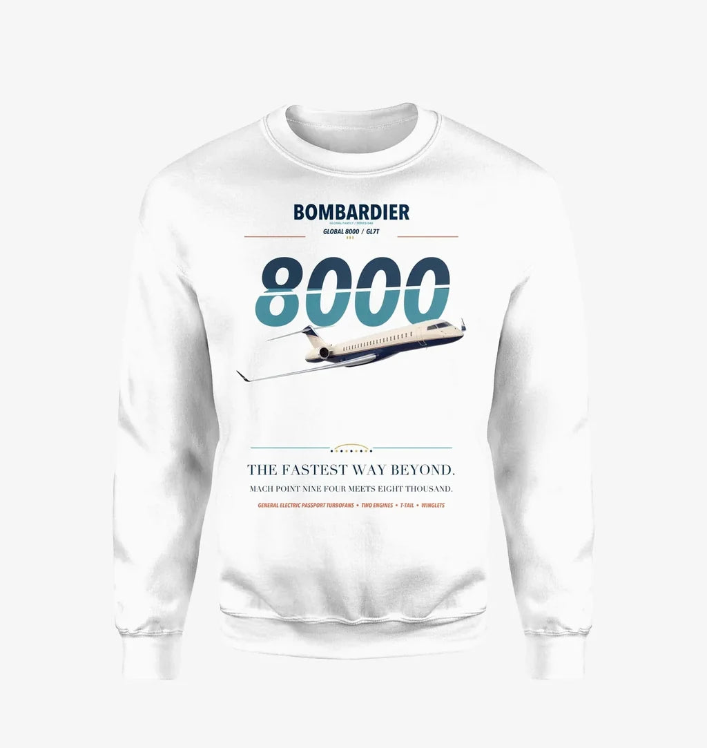 Bombardier Global 8000 design on white sweatshirt